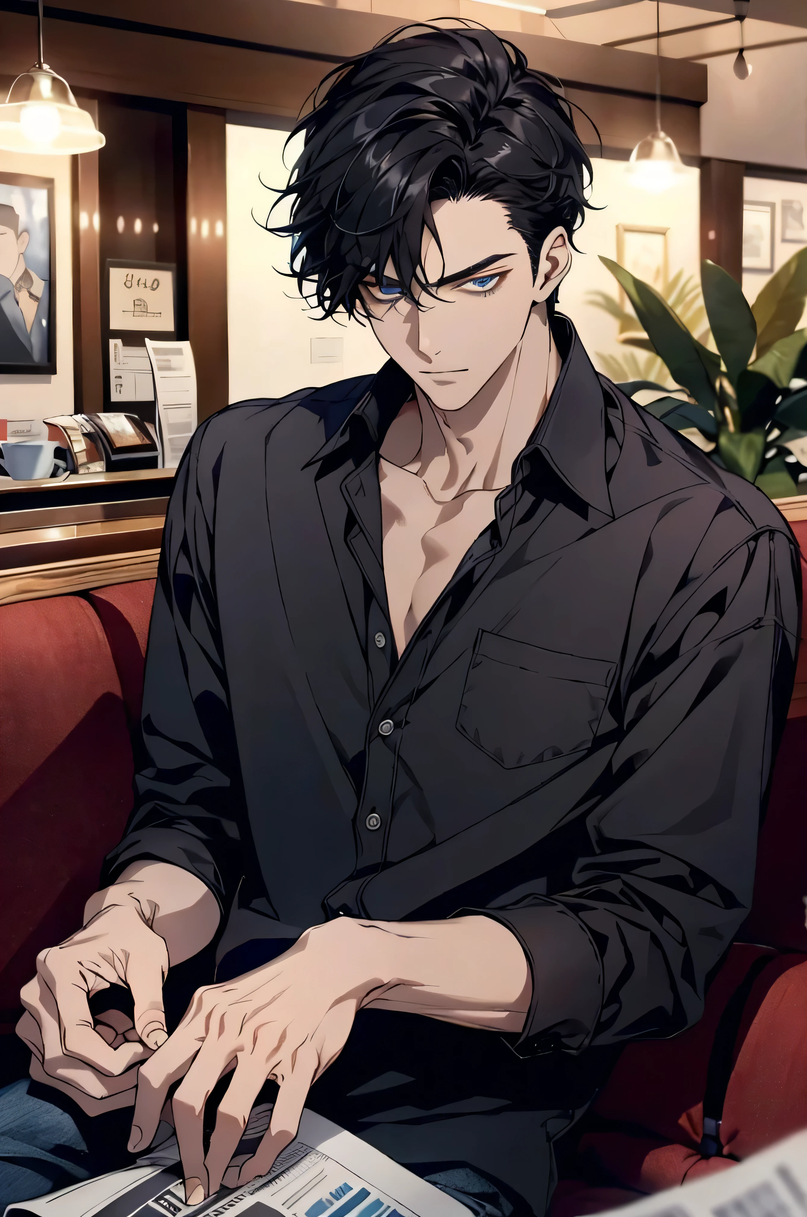 (Masterpiece:1.2, best quality), (Real picture, complicated details), alone, 1 male character, black hair,blue eyes,handsome,Details of the face, whole body shot, shirt, informal, read newspaper, bad person, He is sitting on the sofa., In a coffee shop with a comfortable atmosphere, comfortable place