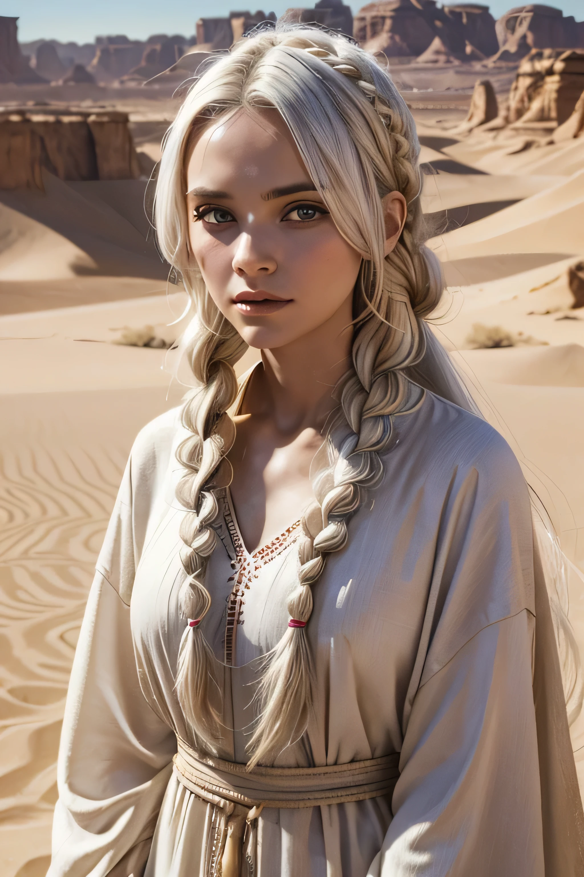 1 female, long white hair, braided hair, wearing a caftan, ugly face, 25 years old, desert background, absurdres, high res, ultrasharp, 8K, masterpiece, the image should be of absurd resolution and high detail. It should be ultra-sharp and available in 8K resolution, representing a masterpiece in image quality.
