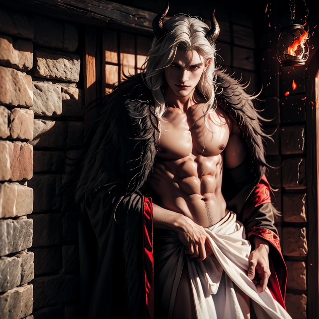 ((Best quality)), ((masterpiece)), 8k (detailed), ((perfect face)), perfect proporcions, ((halfbody)) he is a sorcerer, he is 30 years old, he dresses in a wizard's robe, gothic style, he has red eyes, he has long wavy white hair, he is in a witcher's hut, he is strong and muscular, he has the bare torso, he is a demon ((perfect face)) sexy male, gothic make up ((fullfbody)) white hair, he has demon wings, he has black horns, horns, demon, dominant, man face, ((perfect eyes)) red eyes, fire in the eyes,
