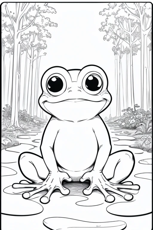 coloring page of frog cartoon in a beautiful forest , cartoon style , thick lines, no color, white background, only strokes