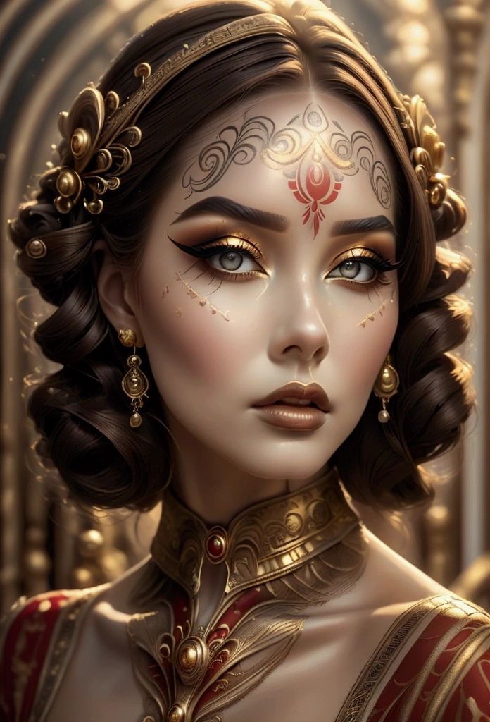 A woman with classic, refined makeup inspired by Kenneth Branagh, utilizing classic, refined colors. Her face is painted with soft reds, browns, and golds, with light, elegant makeup creating a polished, timeless look.