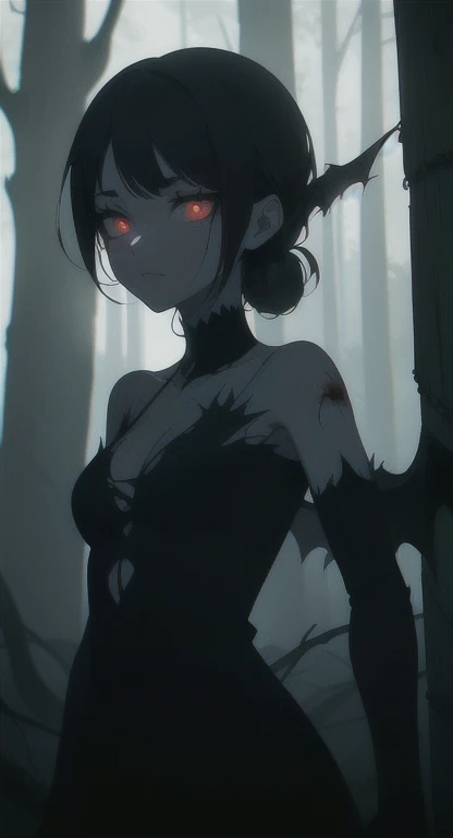 Foggy Forest, ancient creature, demonic silhouette, fairy shadow figure, red eyes, eyes in the fog, rotting, looking dead, torn wings,
