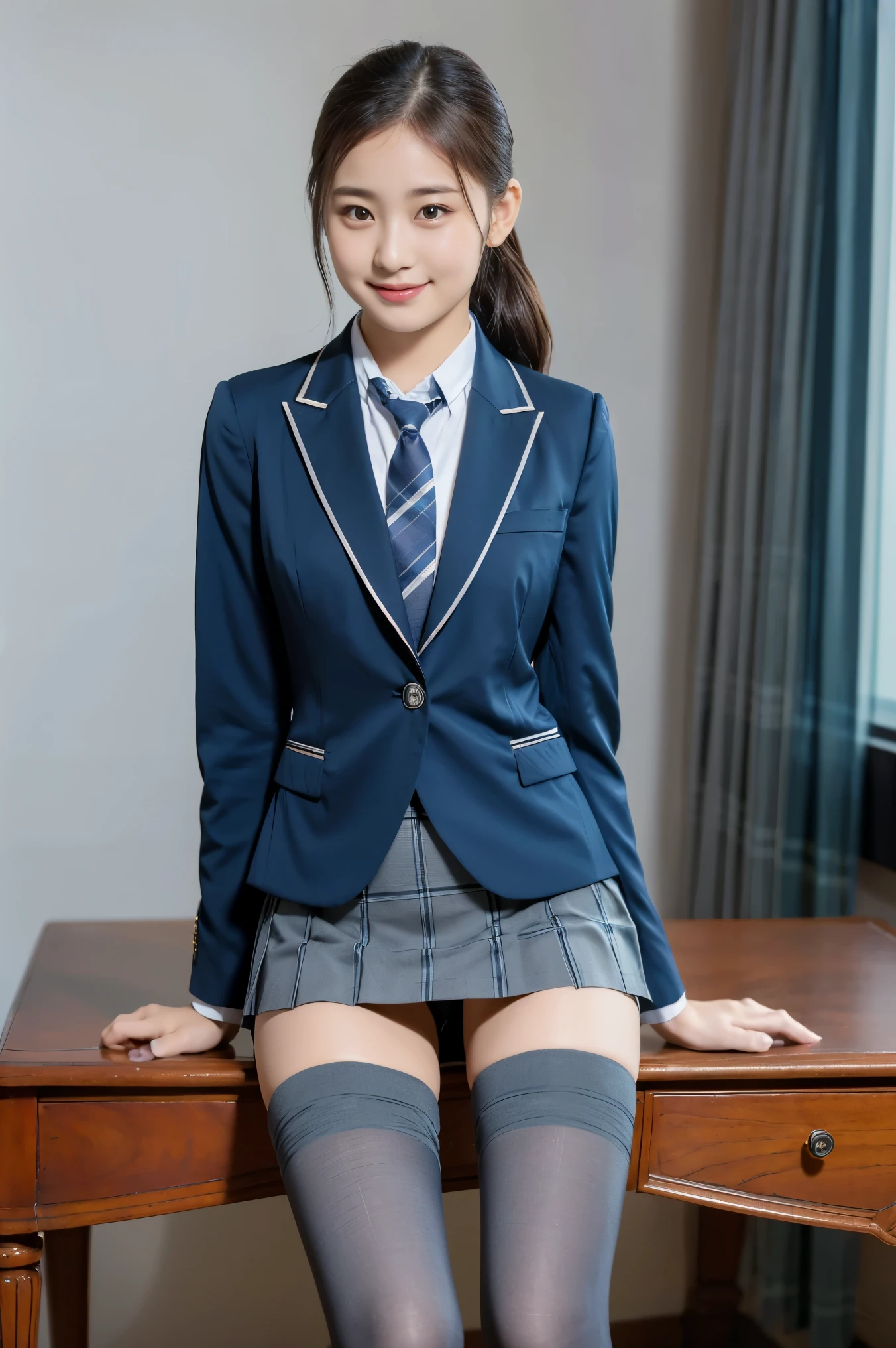 (8K), (highest quality: 1.2), (realistic), (realistic: 1.37), ultra high resolution, 1 girl, cute, smile face, closed mouth, beautiful details, beautiful nose,beautiful hair,ponytail,thighs,college uniform,simple dark blue satin blazer,satin white blouse,A bow tie,pleated skirt,School,(The pattern of the skirt and tie is a tartan check pattern using navy blue emerald and gray.:1.3),(The check pattern on the skirt is a little finer1.2),(Opaque black thigh-high socks:1.4) ,sit and cross your legs,thighs,