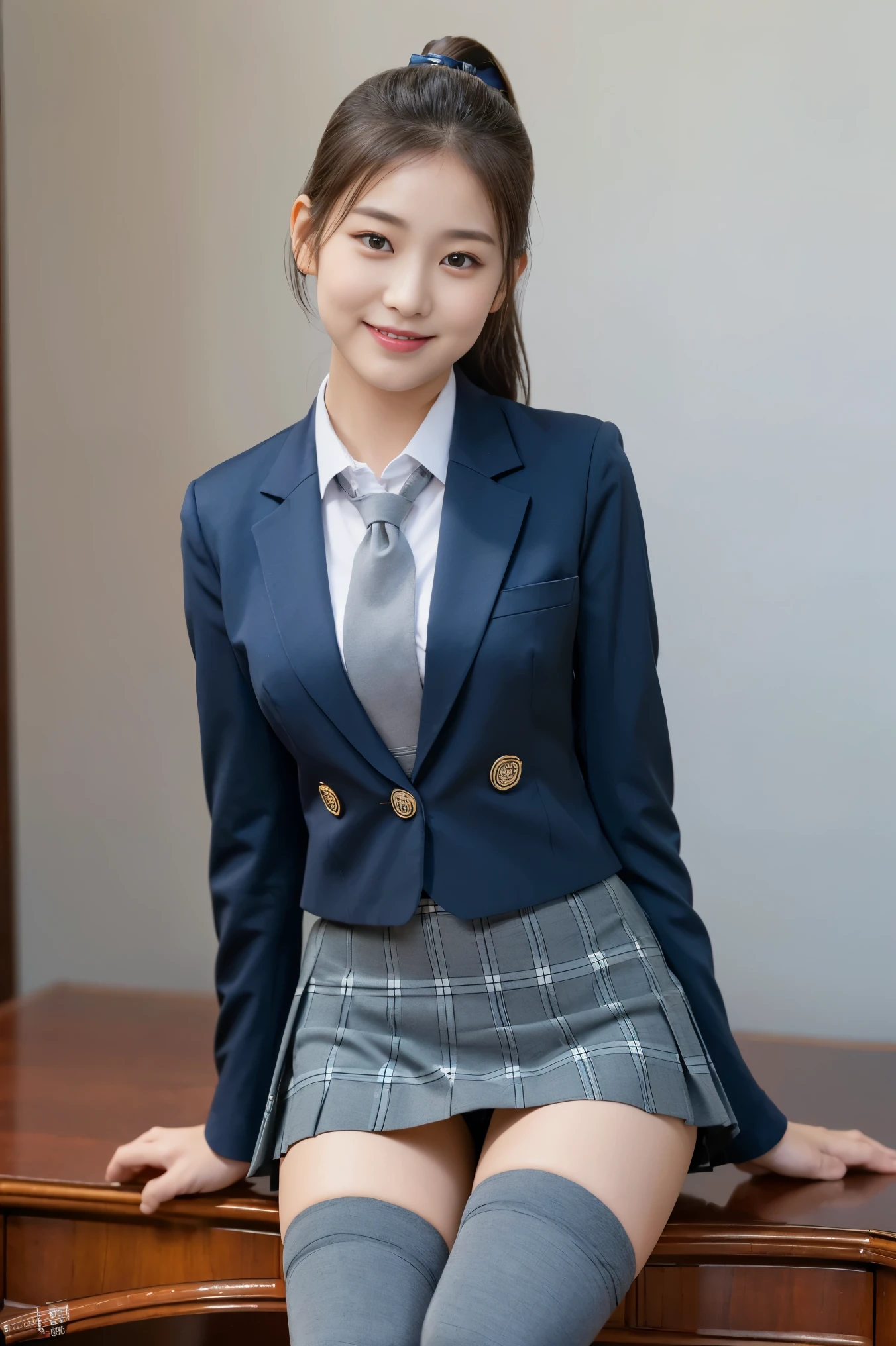 (8K), (highest quality: 1.2), (realistic), (realistic: 1.37), ultra high resolution, 1 girl, cute, smile face, red lip, 照れて,beautiful details, beautiful nose,beautiful hair,ponytail,thighs,college uniform,simple dark blue satin blazer,satin white blouse,A bow tie,pleated skirt,School,(The pattern of the skirt and tie is a tartan check pattern using navy blue emerald and gray.:1.3),(The check pattern on the skirt is a little finer1.2),(Opaque black thigh-high socks:1.4) ,sit and cross your legs,
