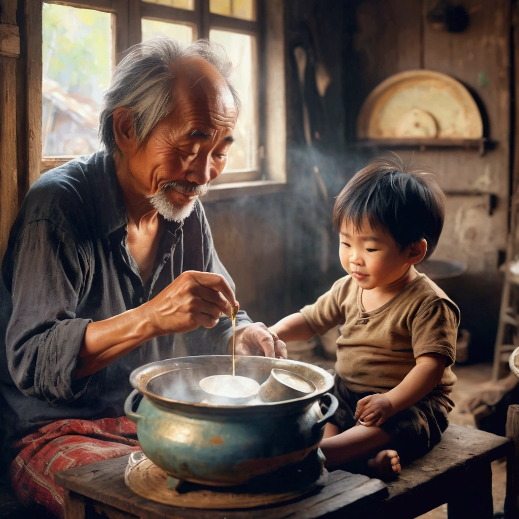 (in 8K、top-quality、​masterpiece:1.2)Impressionist oil painting depicting a Vietnamese family of ((3 middle-aged men)) sitting around an old round table in a (shabby house :1.3) ,  eating and laughing happily, on the wall of the shabby house hang a few pots, baskets, a kettle of boiling water on a wood stove, the central scene, side lights, colorful oil painting style, thick brush strokes, vivid textured palette, makoto shinkai, Saint-Simeon palette of Michael Garmash, Paul Hedley, Edouard Manet, Claude Monet imbue the composition with soft and attractive colors, impressionist expression