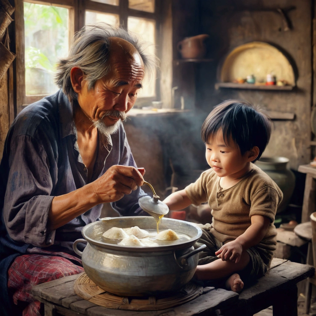 (in 8K、top-quality、masterpiece:1.2)Impressionist oil painting depicting a Vietnamese family of ((3 middle-aged men)) sitting around an old round table in a (shabby house :1.3) , eating and laughing happily, on the wall of the shabby house hang a few pots, baskets, a kettle of boiling water on a wood stove, the central scene, side lights, colorful oil painting style, thick brush strokes, vivid textured palette, makoto shinkai, Saint-Simeon palette of Michael Garmash, Paul Hedley, Edouard Manet, Claude Monet imbue the composition with soft and attractive colors, impressionist expression