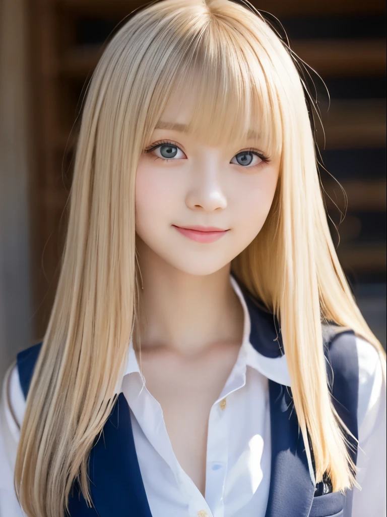 Portrait、School uniforms、Bright expression、Younger, brighter, whiter skin、Best Looks、Blonde reflection、Platinum blonde hair with dazzling highlights、Shiny bright hair,、Super long, silky straight hair、Shiny beautiful bangs、Sparkling, clear, attractive big blue eyes、A very beautiful, lovely and cute 16 year old girl、Ample breasts、