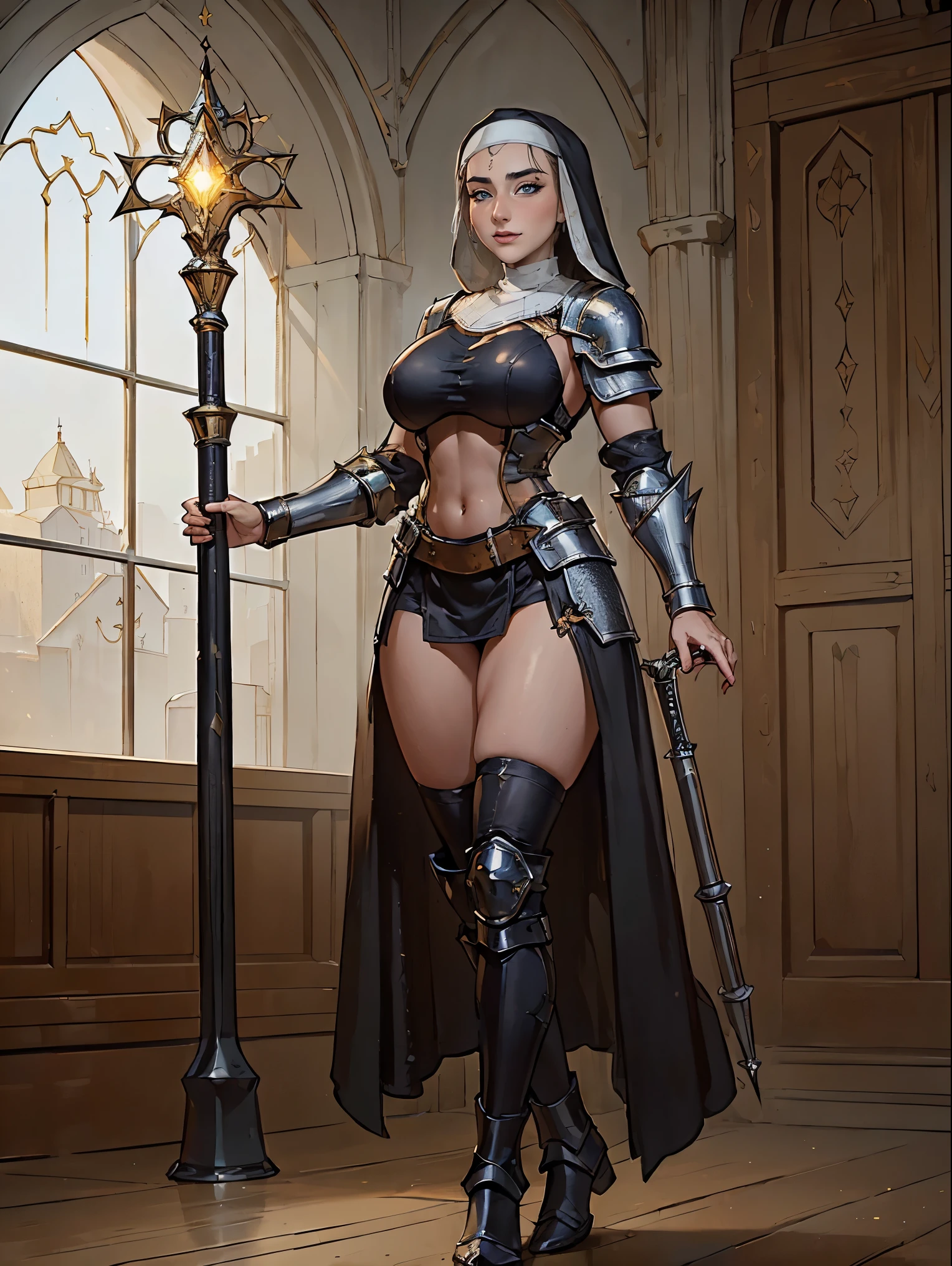 (masterpiece, top quality, best quality, official art, beautiful and aesthetic:1.2), (1girl:1.3), ((Sharp facial features, sharp features, hawkish features)), ((blue eyes)), busty paladin knight girl, extremely detailed, portrait, looking at viewer, solo, (full body:0.6), detailed background, full-body shot, (warm mountain meadow theme:1.1), holy knight, (nun), charlatan, smirk, mysterious, swaying in mountains, armor, polished metal, gold trim, long boots, white fabric, pelvic curtain, robe, pale leather, ((((nun, holy aura, corona, mace, heavy armor, armored, long legs, pelvic curtain, toned, muscular, chainmail)))), slim waist, slim hips, long legs, medieval (mountain exterior:1.1) background, dark mysterious lighting, shadows, magical atmosphere, dutch angle