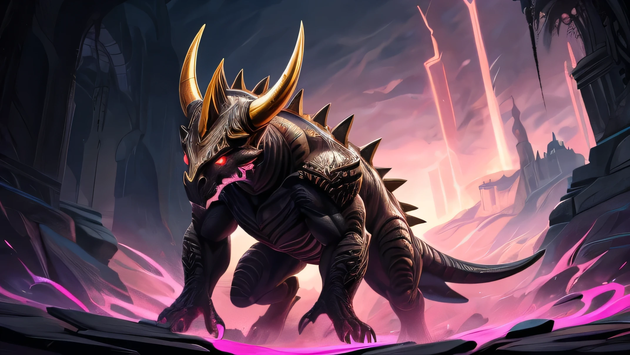Generate a digital illustration of a humanoid creature with an imposing and regal presence. The creature should have sleek, black skin with bright, pink accents forming intricate, natural patterns across its body. These lines should look like they are part of the creature's natural skin. The creature's head should resemble that of a Triceratops, featuring a single golden horn protruding from the forehead, and glowing eyes that convey a sense of power. The head should have spiked, angular features, with organic textures. The creature should have sharp, claw-like hands and a long, tapering tail that extends behind them, adding to their dynamic appearance. masterpiece, best quality, perfect anatomy