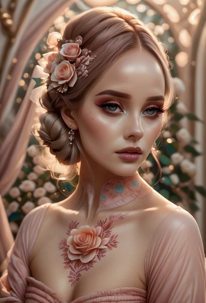 A woman with subtle, feminine makeup inspired by Jane Campion, featuring soft, feminine colors. Her face is painted with mauve, rose, and peach, with light, natural makeup and subtle highlights