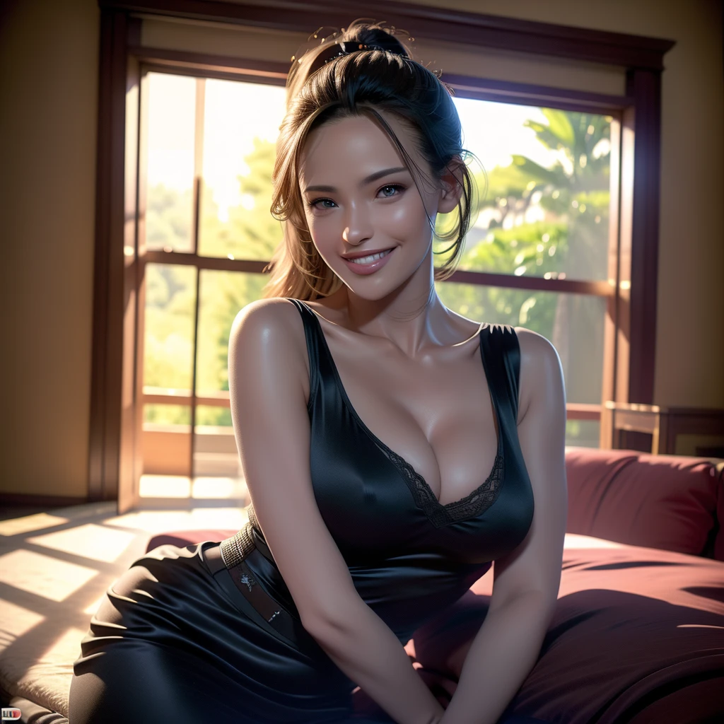 1 gorgeous middle aged busty woman, ponytail, tuxedo, beautiful smile showing teeth, pov, lover, cinematic lighting, (best quality,4k,8k,highres,masterpiece:1.2),ultra-detailed,(realistic,photorealistic,photo-realistic:1.37),HDR,UHD,studio lighting,ultra-fine painting,sharp focus,physically-based rendering,extreme detail description,professional,vivid colors,bokeh,portrait,photorealistic,cinematic,dramatic lighting