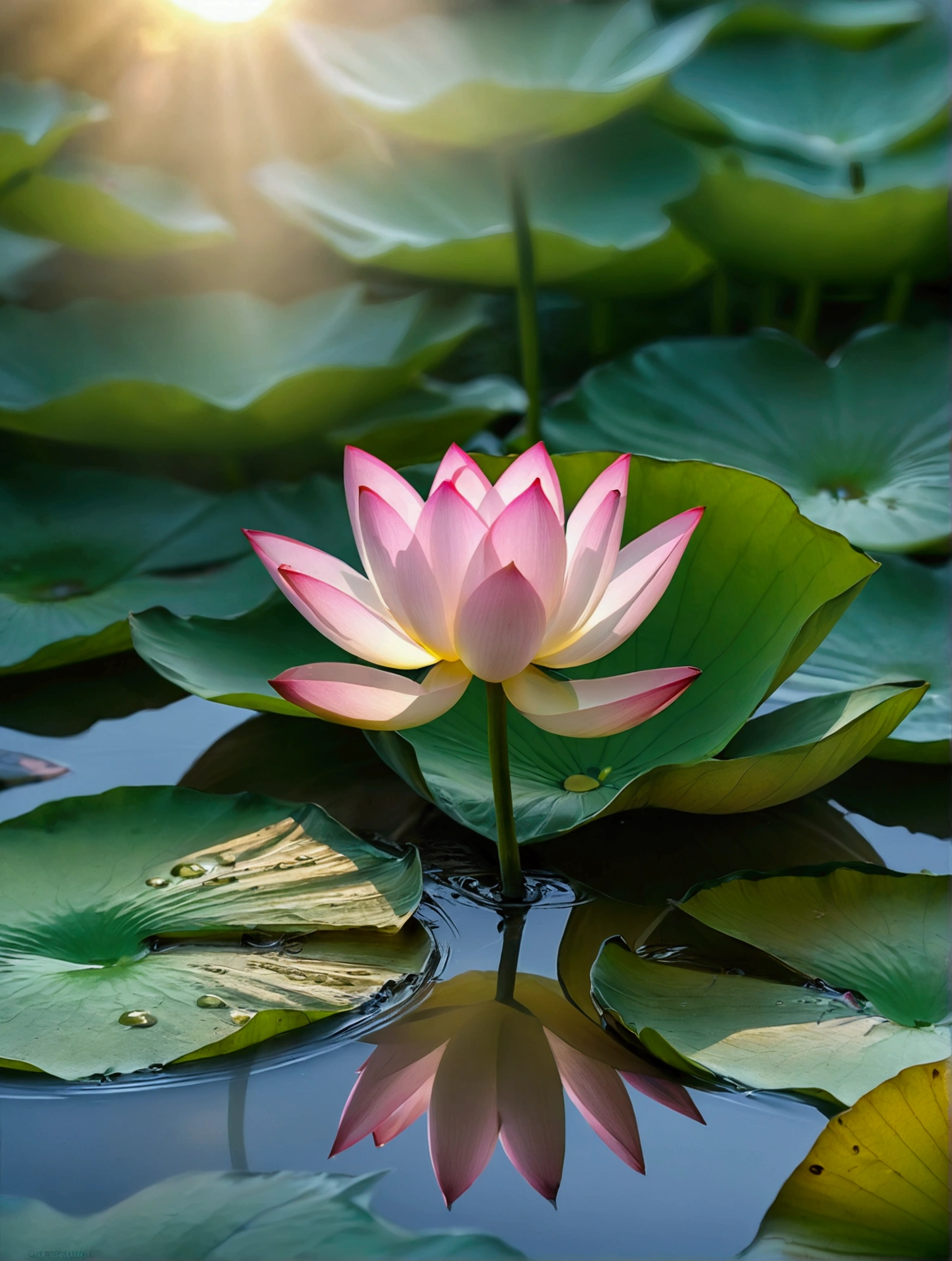 The sunset sprinkles on the pink lotus，Lotus leaf emerald green，Close-up blur，Foggy，Hazy water vapor，Ray Tracing, The picture is hazy，Ultra HD, Retina, masterpiece, precise, Super Detail,High Detail, high quality, The award-winning, best quality, high resolution, 16K