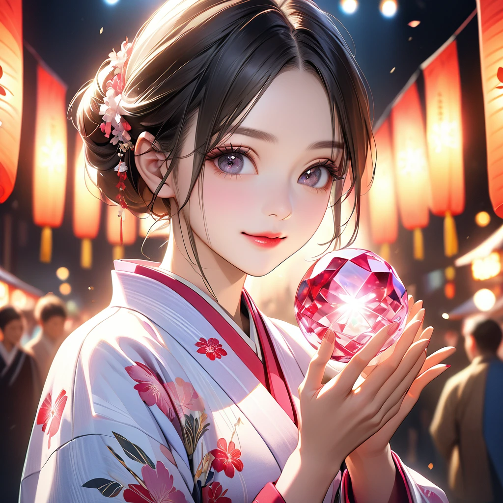 A beautiful young woman wearing a clean and refreshing white and pink yukata, Beautiful attention to detail, Beautiful lip detail, Highly detailed face, Long eyelashes, Friendly and polite expression, Holding a red, round crystal in both hands, The perfect uniform, High quality lighting, Realistic, 8k, Highest quality, masterpiece, Professional, Studio Lighting,The background is a festival