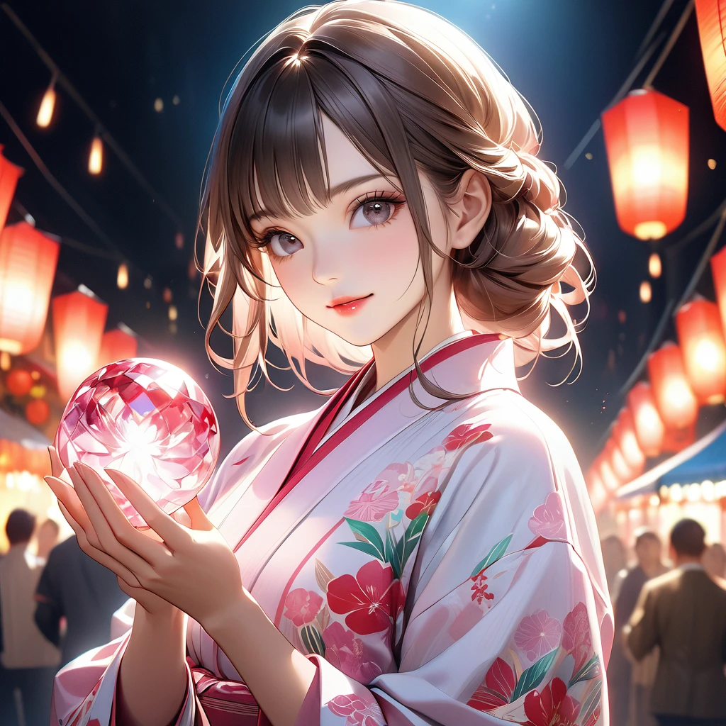 A beautiful young woman wearing a clean and refreshing white and pink yukata, Beautiful attention to detail, Beautiful lip detail, Highly detailed face, Long eyelashes, Friendly and polite expression, Holding a red, round crystal in both hands, The perfect uniform, High quality lighting, Realistic, 8k, Highest quality, masterpiece, Professional, Studio Lighting,The background is a festival