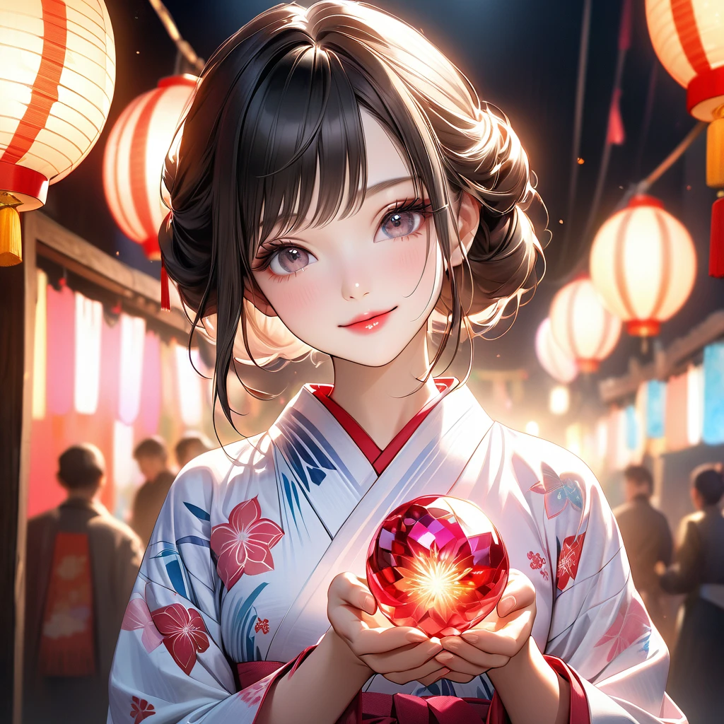 A beautiful young woman wearing a clean and refreshing white and pink yukata, Beautiful attention to detail, Beautiful lip detail, Highly detailed face, Long eyelashes, Friendly and polite expression, Holding a red, round crystal in both hands, The perfect uniform, High quality lighting, Realistic, 8k, Highest quality, masterpiece, Professional, Studio Lighting,The background is a festival