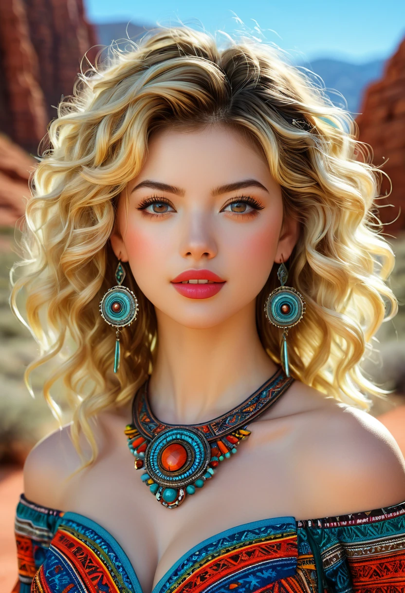Beautiful boho women stunning merge of Masiela Lusha with colorful southwestern style dress. colorful southwestern earing and. jewelry, blond colored hair that is coarse, wiry, and tightly curled. It often has a rough texture, feels stiff to the touch, and may be prone to frizz and tangling. The curls can be densely packed. The Official Art – An Award-Winning Digital Masterpiece In 4K Ultra HD, Extreme Detail And Intricate Realism. symmetrical face. This Concept Art Brought To Life By The Hands Of Artists Like Wlop & Artgerm In A Stunning 2D Vector Illustration. large, perky, full, vuluptious, symmetrical and spherical breasts. Background is a beautiful panoramic vista of a red rock canyon.