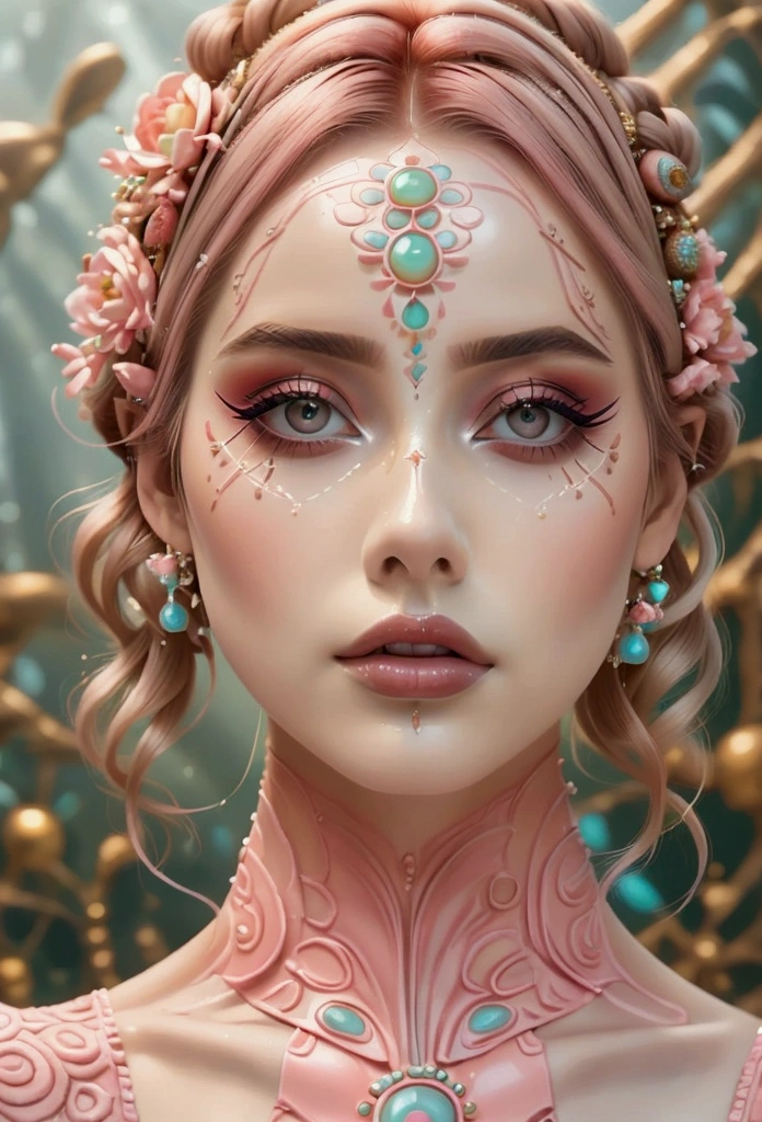 A woman with fresh, contemporary makeup inspired by Greta Gerwig, utilizing light, fresh colors. Her face is adorned with pinks, corals, and light browns, with minimal makeup and a dewy finish for a natural, youthful appearance
