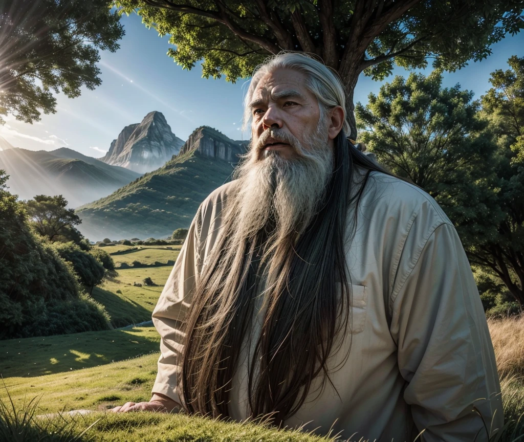 "An elderly Noah with a white beard, standing under a big tree, looking up to the sky with an expression of reverence and acceptance, as rays of divine light descend from the sky. The landscape in the background is green and peaceful., captured in 8K, ultra realisitic, with cinematic lighting and stunning details."