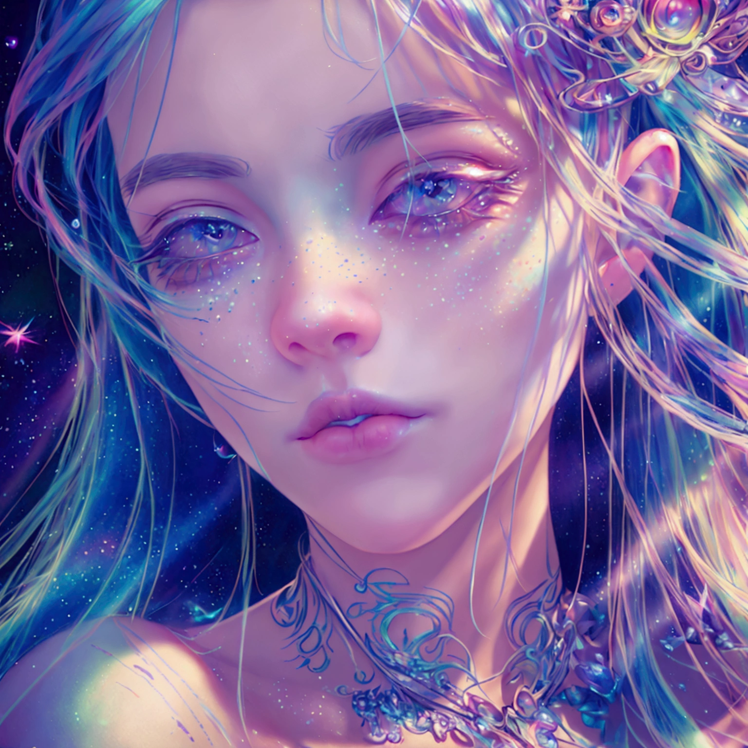 This is a dreamy and ethereal image. Generate a whimsical and strong queen by Agnes Cecile with beautifully detailed and realistic eyes. Include ink drips and fairy lights. The colors used should be soft and pastel except for her eyes, which should be bold and realistically shaded. Include luminous, glitter, shimmer, and intricate detailing. This is a high quality image from world-class artist agnes cecile. ((masterpiece))