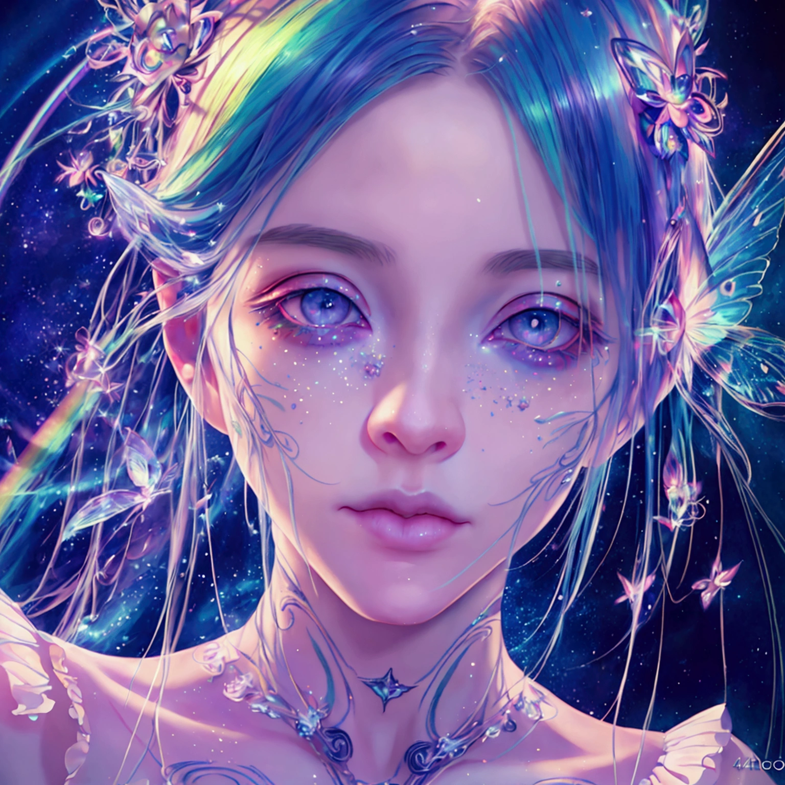 a pretty fairy with rainbow hair,1girl,beautiful detailed eyes,beautiful detailed lips,extremely detailed face and portrait, long eyelashes, galactic rainbow universe, starry lined trails, magical, ethereal, vivid colors, cinematic lighting, dramatic lighting, (best quality,4k,8k,highres,masterpiece:1.2),ultra-detailed,(realistic,photorealistic,photo-realistic:1.37),dramatic composition,highly detailed,intricate details,fantasy art,digital art,concept art