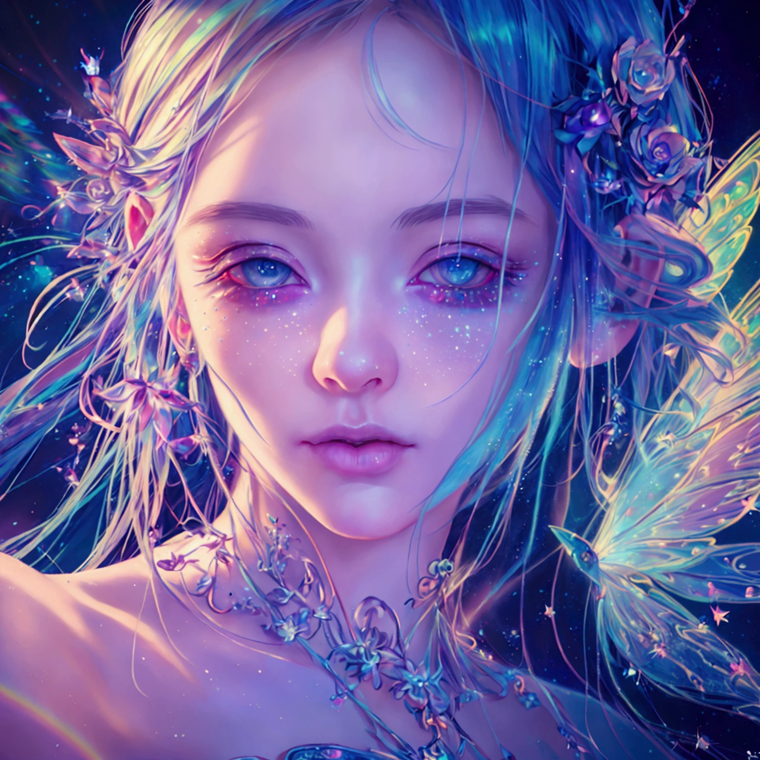a pretty fairy with rainbow hair,1girl,beautiful detailed eyes,beautiful detailed lips,extremely detailed face and portrait, long eyelashes, galactic rainbow universe, starry lined trails, magical, ethereal, vivid colors, cinematic lighting, dramatic lighting, (best quality,4k,8k,highres,masterpiece:1.2),ultra-detailed,(realistic,photorealistic,photo-realistic:1.37),dramatic composition,highly detailed,intricate details,fantasy art,digital art,concept art