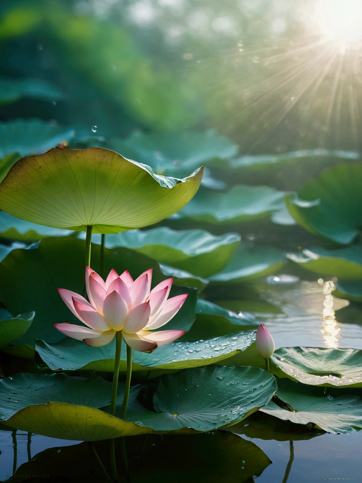 The sunset sprinkles on the pink lotus,Lotus leaf emerald green,Close-up blur,Foggy,Hazy water vapor,Ray Tracing, The picture is hazy,Ultra HD, Retina, masterpiece, precise, Super Detail,High Detail, high quality, The award-winning, best quality, high resolution, 16K