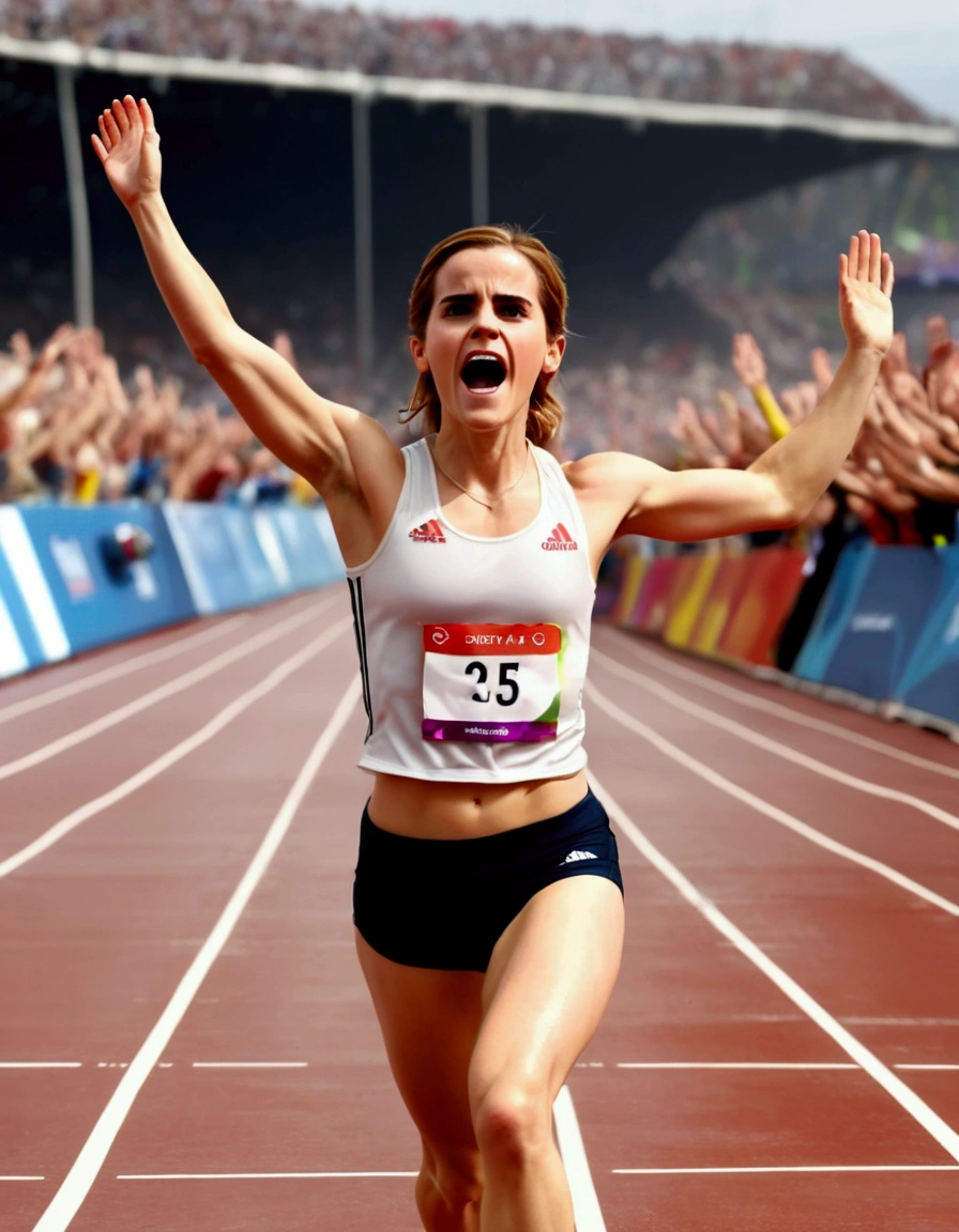 Olympic Sprinter (Emma Watson, age 25) sweaty and exhausted, arms raised as she crosses the finish line, award winning moment