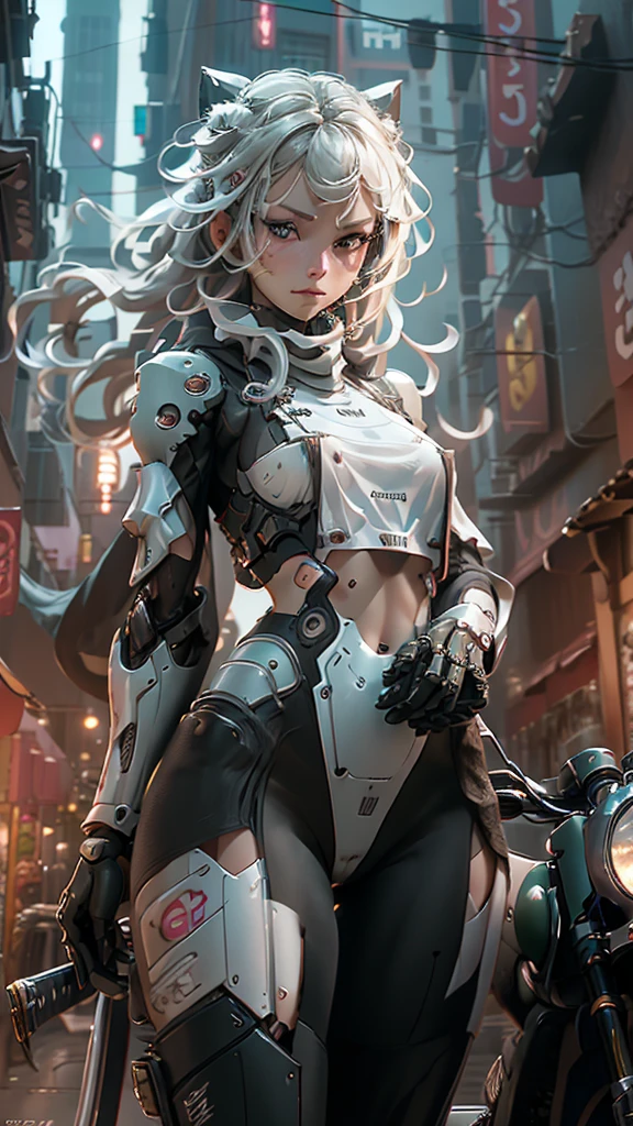 Create a hyper-realistic 3D image with the highest image quality, Eye-catching details, ultra high resolution, (Fidelity: 1.4), the best illustration, favor details, 1beautiful blue eyed girl , blonde total image clear mind highly condensed, with a delicate and beautiful face, using a red wick, wearing a mecha helmet, holding a steering controller, Ride a motorcycle, The background a high-tech lighting scene of the city of the future. applies HDMI technologies, 1200 dpi and full definition 