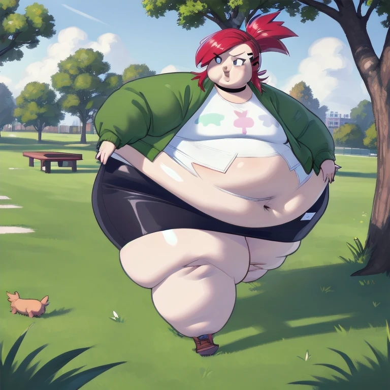 (masterpiece, best quality:1.2), frankiefoster, 1girl, fat, body plus, solo, breasts, skirt, medium breasts, shirt, hair ornament, jacket, white shirt, ponytail, choker, hairclip, midriff, crop top, black choker, purple skirt, green jacket, cropped shirt, park, park bench, running, path, tree, grass,