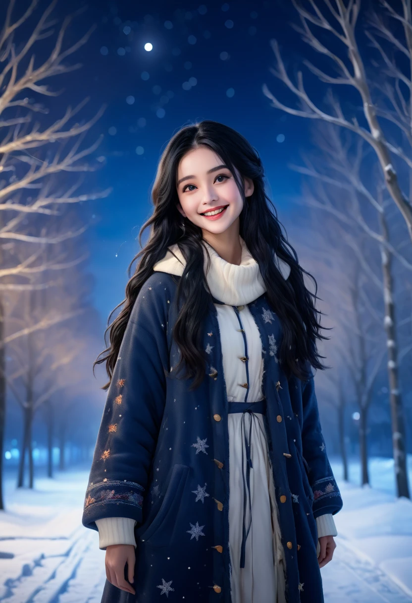 (8k, RAW Photos, Highest quality, masterpiece:1.2), High-definition RAW color photos, Professional photos,(Realistic, photo Realistic:1.2), ((Highest quality)), 1 girl, Cinematic Light, High resolution, (Detailed painted face:1.2), (masterpiece:1.5), night,under the stars,Long black hair,Bring a smile to your audience, winter, Near trees, Thick clothing