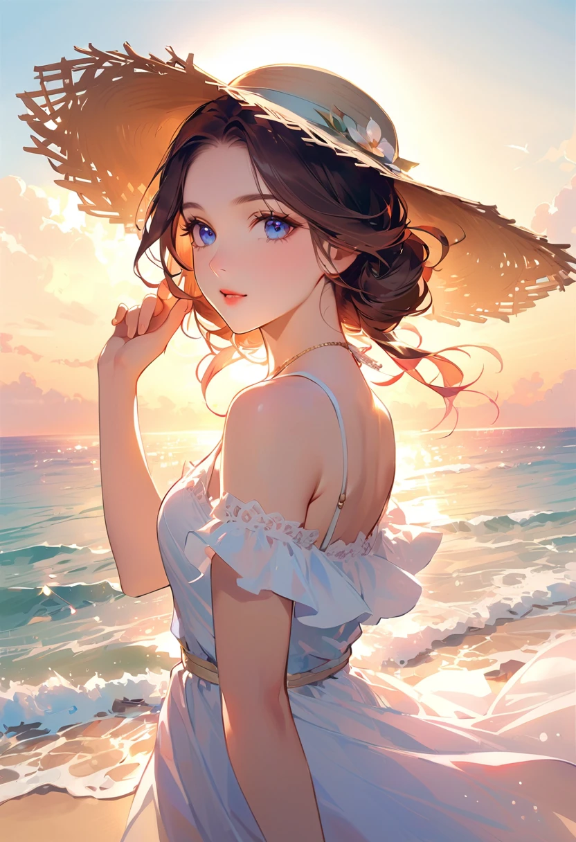 Extremely beautiful woman wearing a floral summer dress and a straw hat at the beach, perfect face, perfect eyes, perfect light, glamorous, gorgeous, delicate, romantic, Harrison Fisher