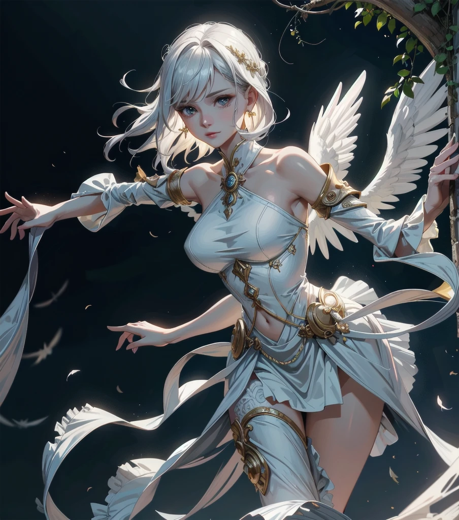 a beautiful detailed angel with 6 wings,6 different colors,short silver hair,red eyes,stunning,angelic outfit,masterpiece,best quality,8k,ultra-detailed,extremely detailed,photorealistic,cinematic lighting,dramatic colors,fantasy art,concept art