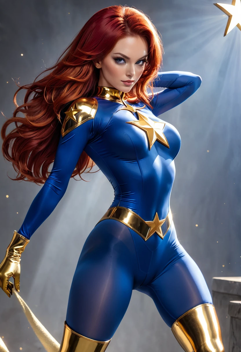 masterpiece,Sexy, Superheroine, Red hair, long hair, busty, ((blue highleg leotard with a t-back thong and a gold star insignia on chest)), gold boots, gold gloves,