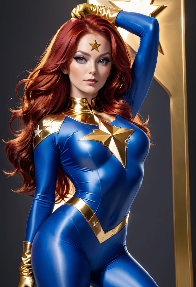 masterpiece,Sexy, Superheroine, Red hair, long hair, busty, ((blue highleg leotard with a t-back thong and a gold star insignia on chest)), gold boots, gold gloves,