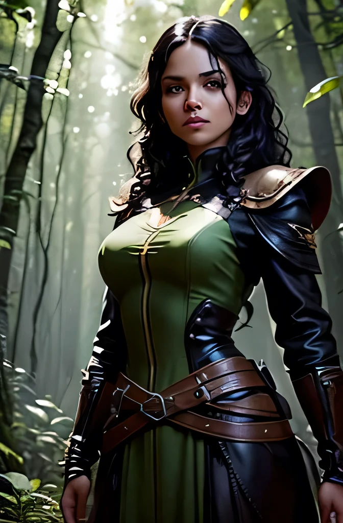 Create an image of a young woman in a dense, lush forest with rays of sunlight breaking through the foliage. The woman must have black skin, short curly black hair, and be dressed in dark brown leather clothing, with bronze details. The atmosphere must convey courage and determination. Use 8k resolution, with fantasy rendering style. Lighting should be soft, with ultra-fine details. The image should tell the story of Valentina in a forest, highlighting her courage and determination