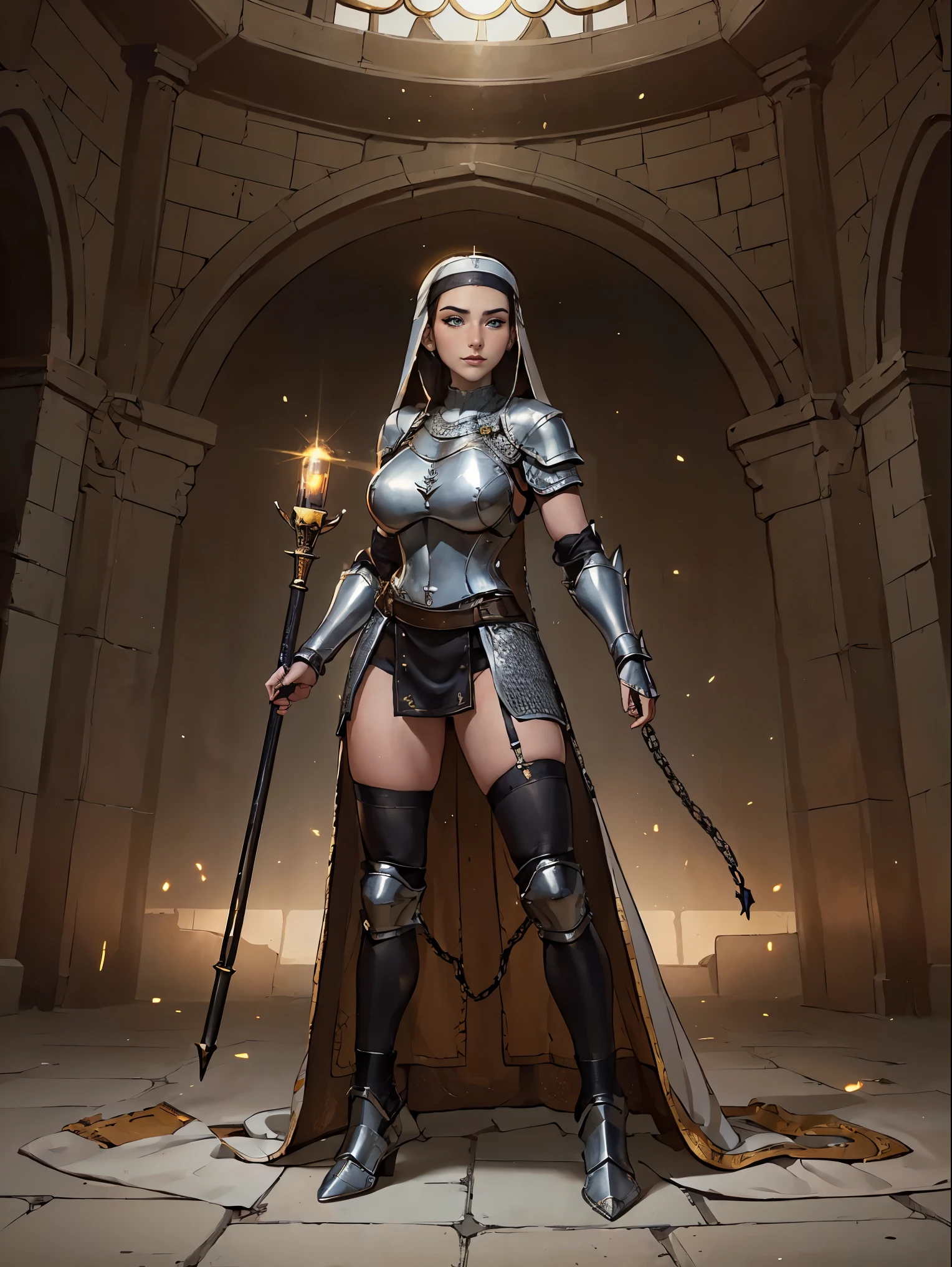 (masterpiece, top quality, best quality, official art, beautiful and aesthetic:1.2), (1girl:1.3), ((Sharp facial features, sharp features, hawkish features)), ((blue eyes)), busty paladin knight girl, extremely detailed, portrait, looking at viewer, solo, (full body:0.6), detailed background, full-body shot, (warm mountain meadow theme:1.1), holy knight, (nun), charlatan, smirk, mysterious, swaying in mountains, armor, polished metal, gold trim, long boots, white fabric, pelvic curtain, robe, pale leather, ((((nun, holy aura, corona, mace, heavy armor, armored, long legs, pelvic curtain, toned, muscular, chainmail)))), slim waist, slim hips, long legs, medieval (mountain exterior:1.1) background, dark mysterious lighting, shadows, magical atmosphere, dutch angle