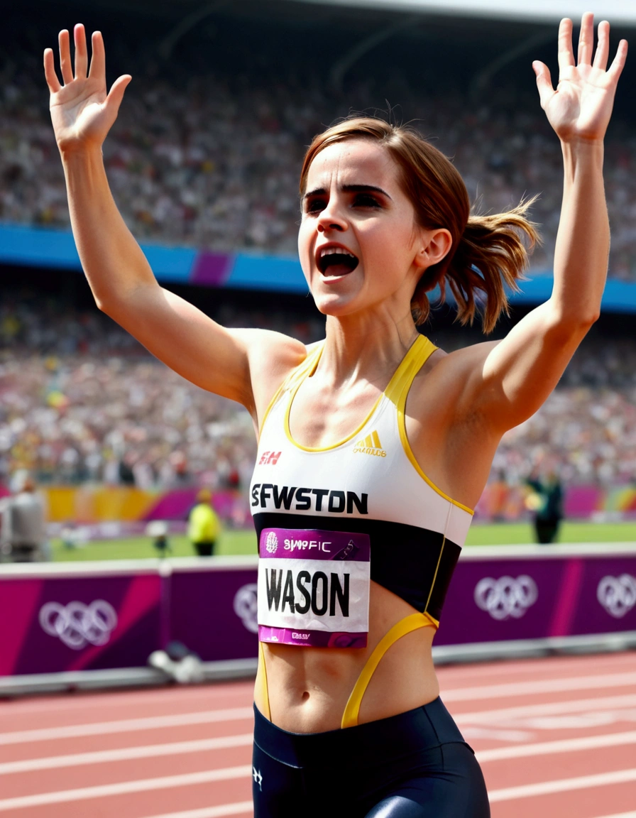 Olympic Sprinter (Emma Watson, age 25) sweaty and exhausted, arms raised as she crosses the finish line, award winning moment