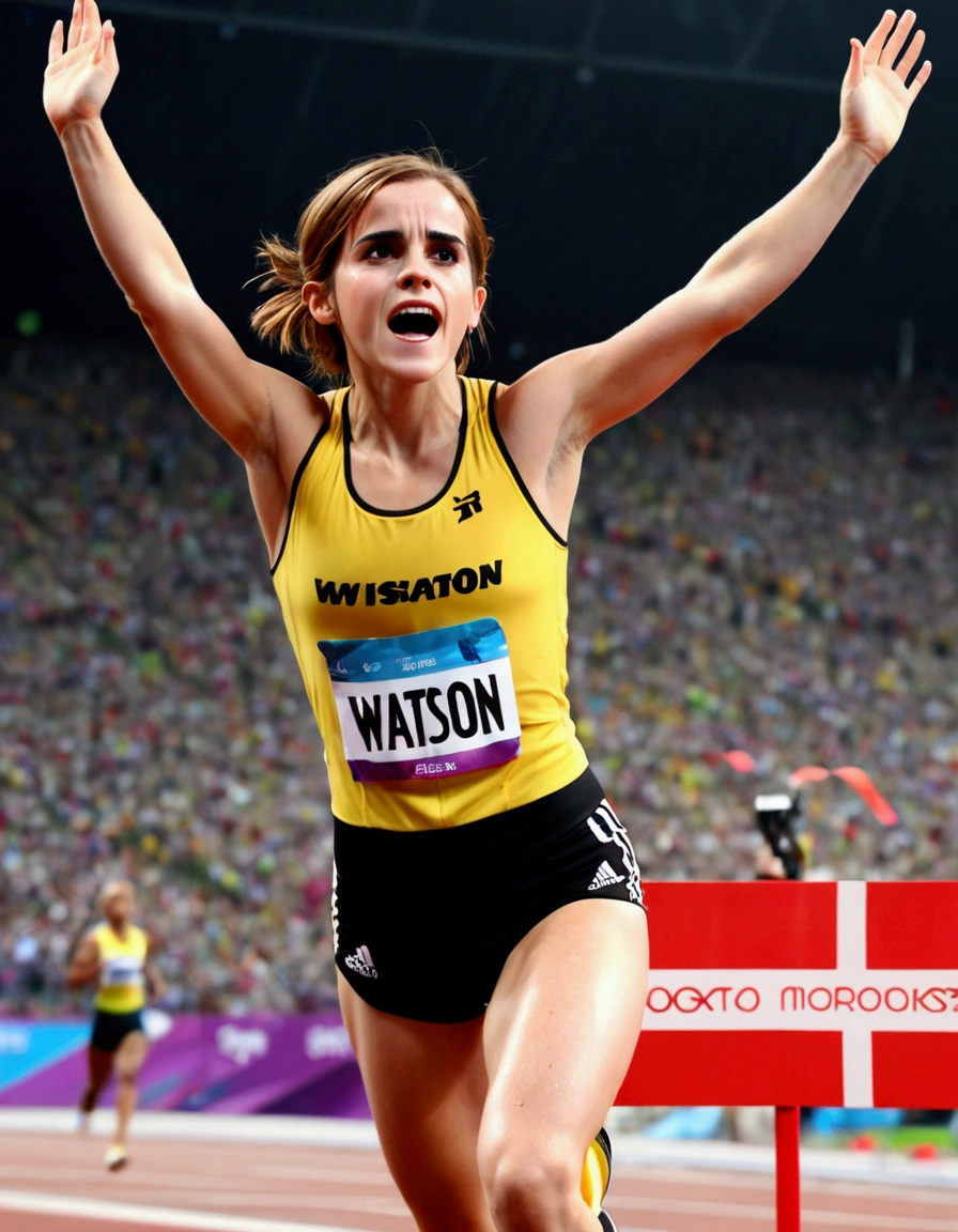 Olympic Sprinter (Emma Watson, age 25) sweaty and exhausted, arms raised as she crosses the finish line, award winning moment