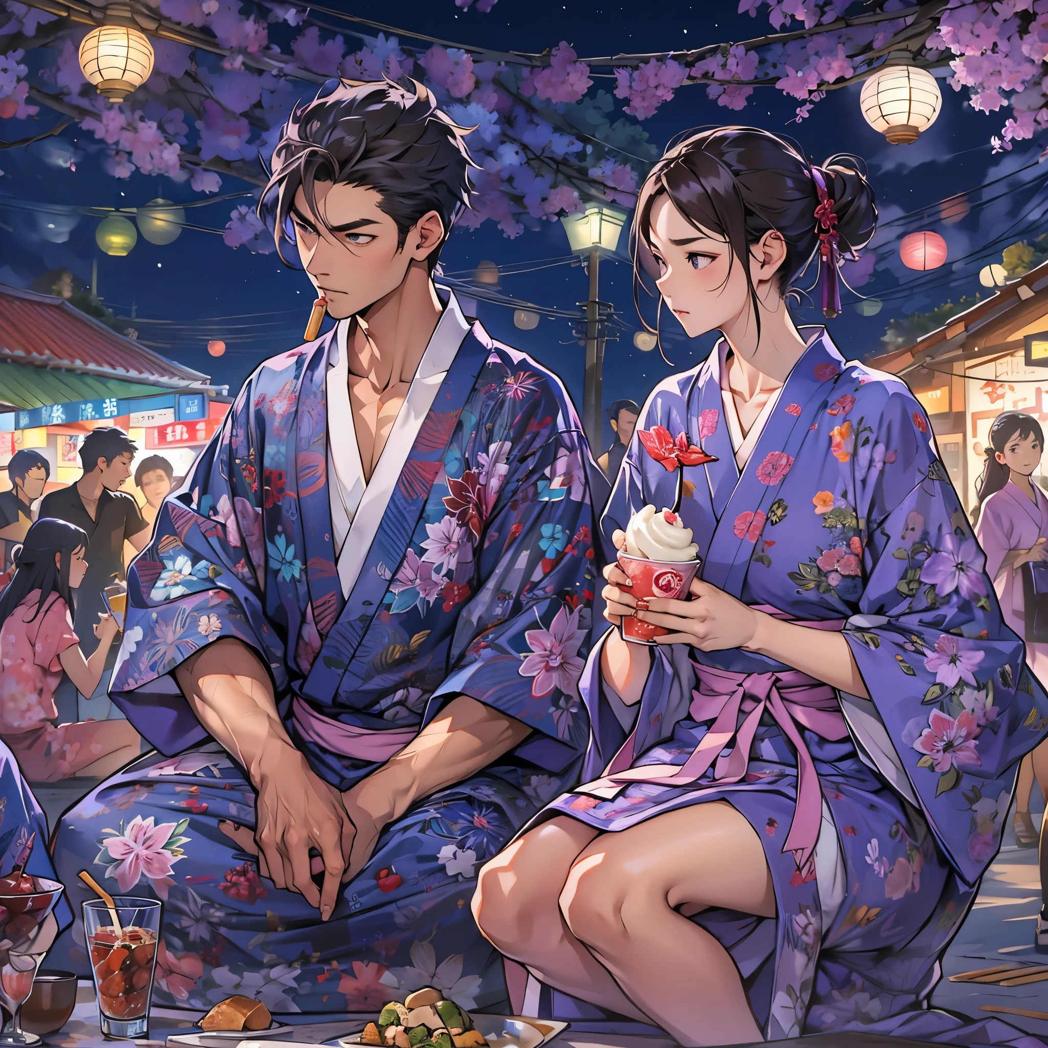 Inspired by the MBTI architect、A woman and a man wearing purple yukata at a summer festival at night。Eating ice cream with a displeased look on his face。Stylish and cool、Pose like a fashion model。