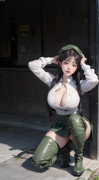 Typical and detailed CG Unity 8K wallpaper，（masterpiece），（Best Character Detail：1.36），Nikon D750F / 1.4 55 mm，original photo，Professional lighting， Physically Based Rendering, 1 busty girl, Female Soldiers，(Dark green military uniform，Short skirt)，Business suite，Fabric texture military uniform, Perfect military calm)，(Wear a plain white shirt under your jacket:1.25)，(Black Tie)，(Military cap，High heel，Full body view，Kneel on one leg:Put your hands behind your head，(Have a delicate face:1.2):0.2]:，Pure love face_v1，(Huge cleavage:1.55),(),(Put on your boots:1.45),(Put your hands behind your head:1.55),(I look up from below:1.55)，Large Breasts，Thin waist，Loyal Maid，Obey everything,Very obedient，Happy expression，Gentle and obedient personality、Obey everything，Submissive nature，Likeable，Obedient personality、Submissive character，服Obey everything，Submissive character，Likeable，付出型性格和Likeable的个性，Absolute obedience，Absolute obedience、Likeable，Willing to give everything，Waiting for command，Full body view