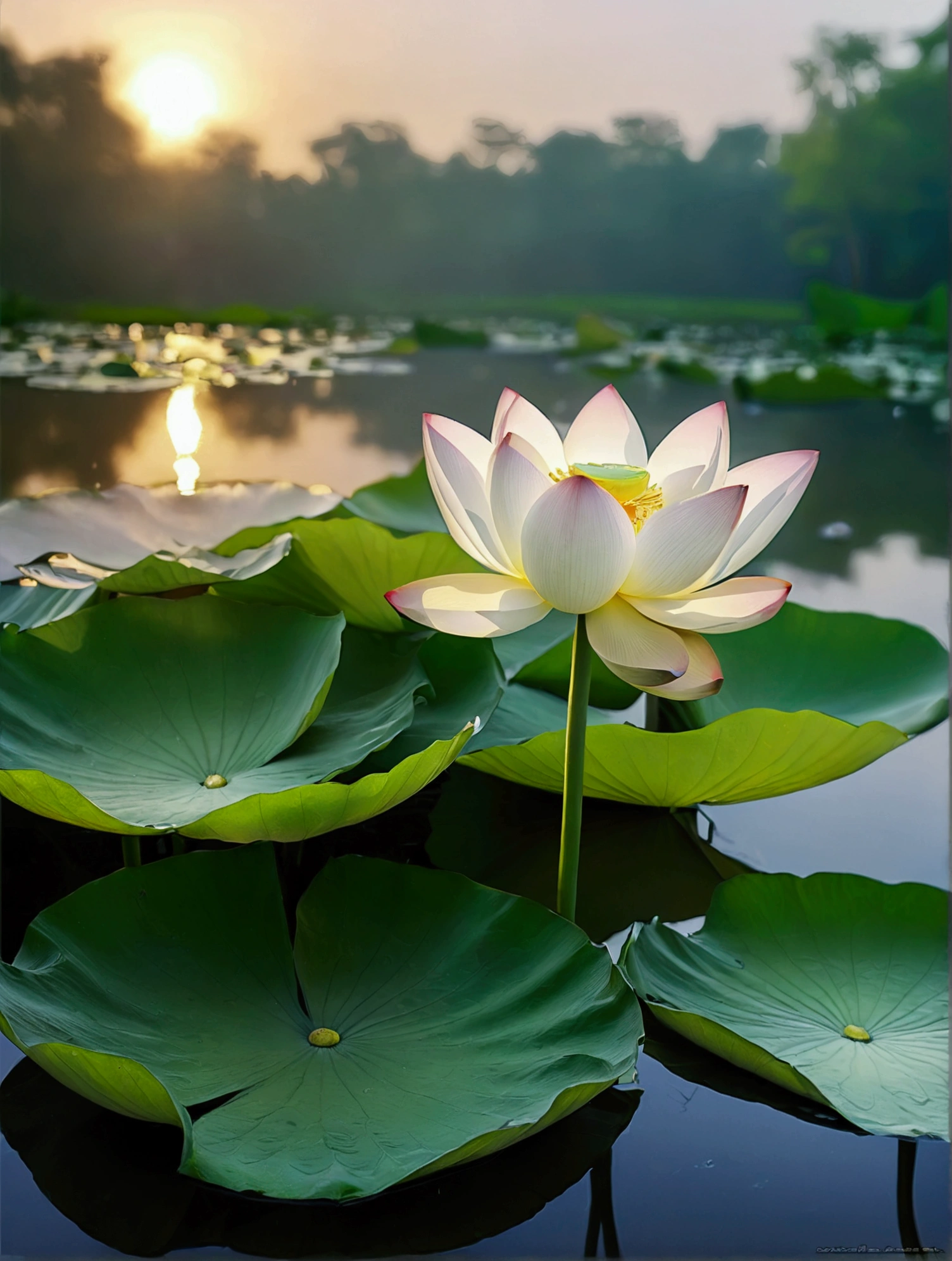 The sunset shines on the white lotus，Lotus leaf emerald green，Close-up blur，Foggy，Hazy water vapor，Ray Tracing, The picture is hazy，Ultra HD, Retina, masterpiece, precise, Super Detail,High Detail, high quality, The award-winning, best quality, high resolution, 16K