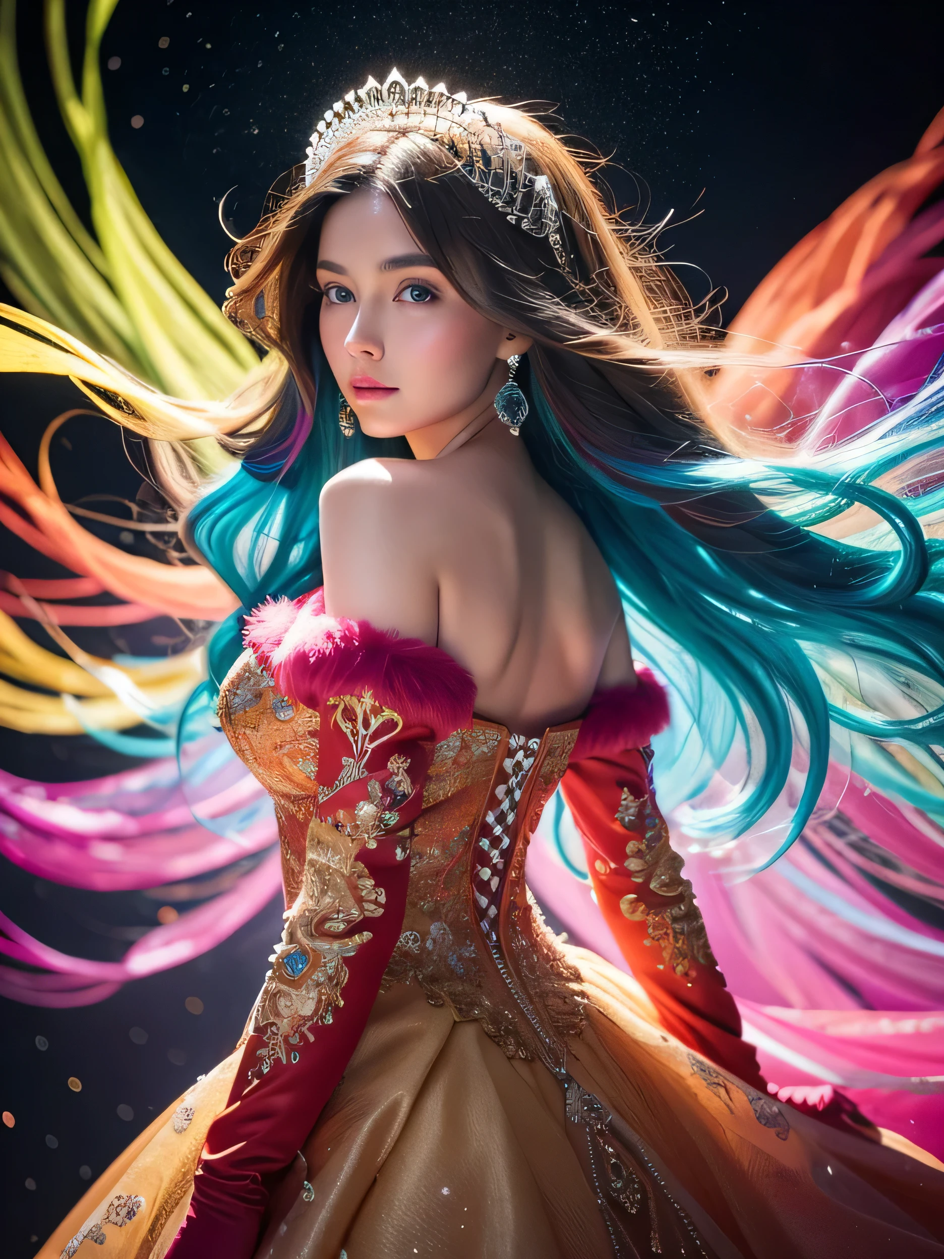 A masterpiece of mesmerizing proportions: A vibrant Australian girl with multicoloured hair stands tall in a dynamic pose against a kaleidoscope backdrop of colourful paint splashes on transparent glass. Her raw, hand-drawn style illustration features intricately detailed eyes and face, radiating confidence and energy as she pierces the darkness with her gentle gaze. Translucent skin glows softly amidst caustic lighting, casting an ethereal aura around her. Neon hues A masterpiece of mesmerizing proportions: A vibrant Australian girl with multicoloured hair stands tall in a dynamic pose against a kaleidoscope backdrop of colourful paint splashes on transparent glass. Her raw, hand-drawn style illustration features intricately detailed eyes and face, radiating confidence and energy as she pierces the darkness with her gentle gaze. Translucent skin glows softly amidst caustic lighting, casting an ethereal aura around her. Neon hues illuminate delicate features, surrounded by particles floating like shimmering lights, creating a surreal atmosphere. A masterfully captured moment frozen in time, this 8K RAW illustration exudes captivating visual allure. A cinematic masterpiece captures the breathtaking beauty of a stunning bride. Facing the camera with a flawless face, her bright blue eyes shine like precious gems. Her plump lips curve into a joyful smile, framing her alluring female form beneath an off-the-shoulder wedding dress adorned with a majestic headdress. Against a dark background, she exudes happiness as cowboy-themed studio lights radiate an energetic atmosphere, illuminating every detail in high resolution. The focus is sharp, highlighting the intricate details of her outfit, from the delicate patterns to the subtle texture of the fur trim. A stunning portrait of Anna Dittman-like beauty, dressed in a fitted red and white dress with fur trim, wide sleeves, and gloves, set against a darker bokeh background. Her long ash-brown hair cascades down her back as she