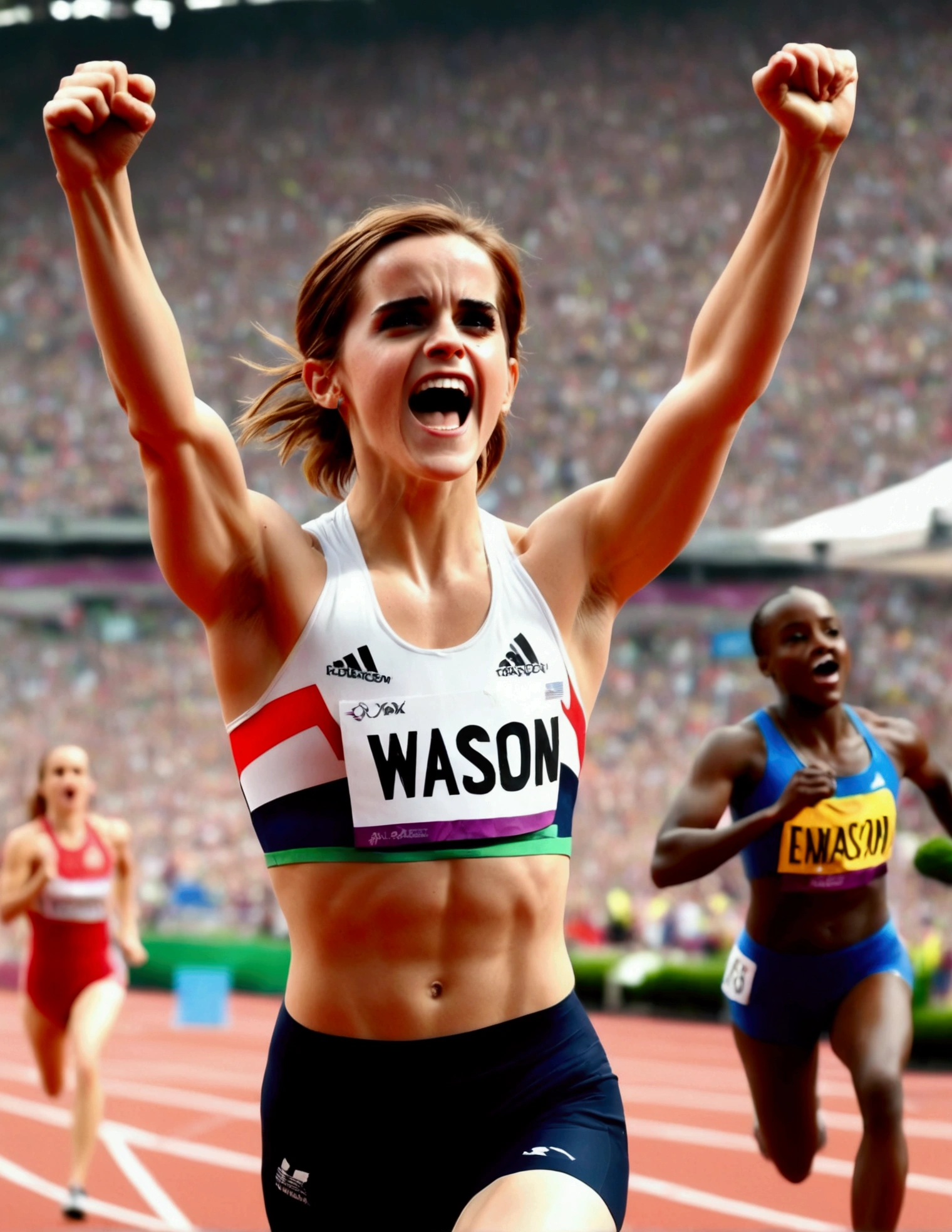 Olympic Sprinter (Emma Watson, age 25) sweaty and exhausted, arms raised as she crosses the finish line, award winning moment