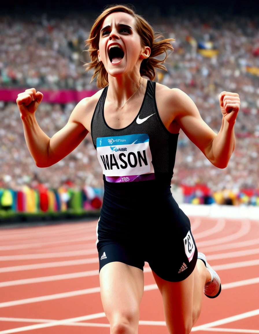 Olympic Sprinter (Emma Watson, age 25) sweaty and exhausted, arms raised as she crosses the finish line, award winning moment
