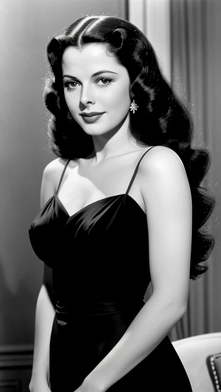 Hedy Lamarr wearing a long tight dress with a huge neckline in elegant colors and smiling