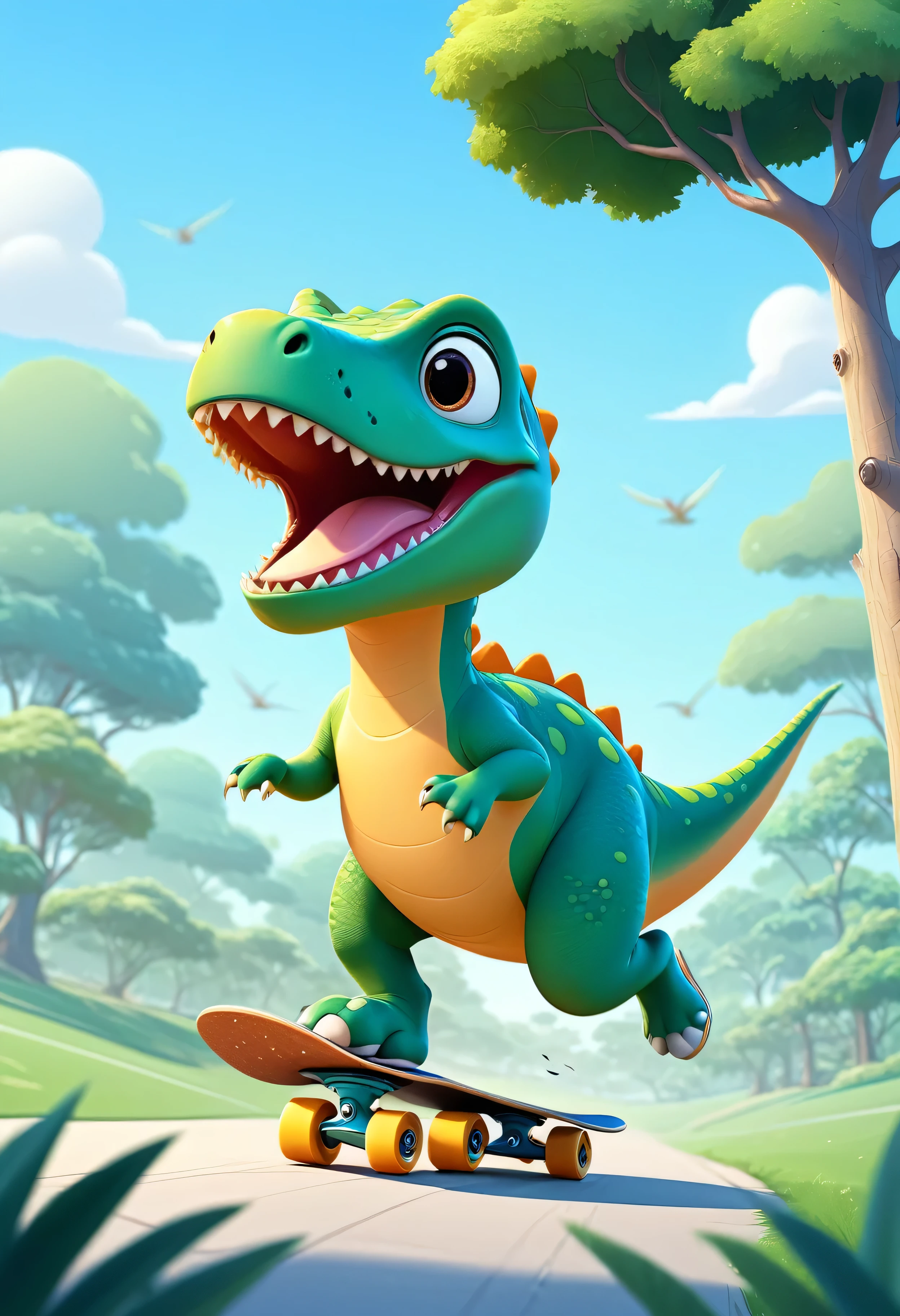 cute dinosaur running skate in the background of a wide field in a tree, uncomplicated images,Simply image,cute, move, action, cartoon, vector illustration, 2d flat, simple, detail, face, 
hands, legs, body expert, modern, minimalist, graphic, line art, vector graphics, 
