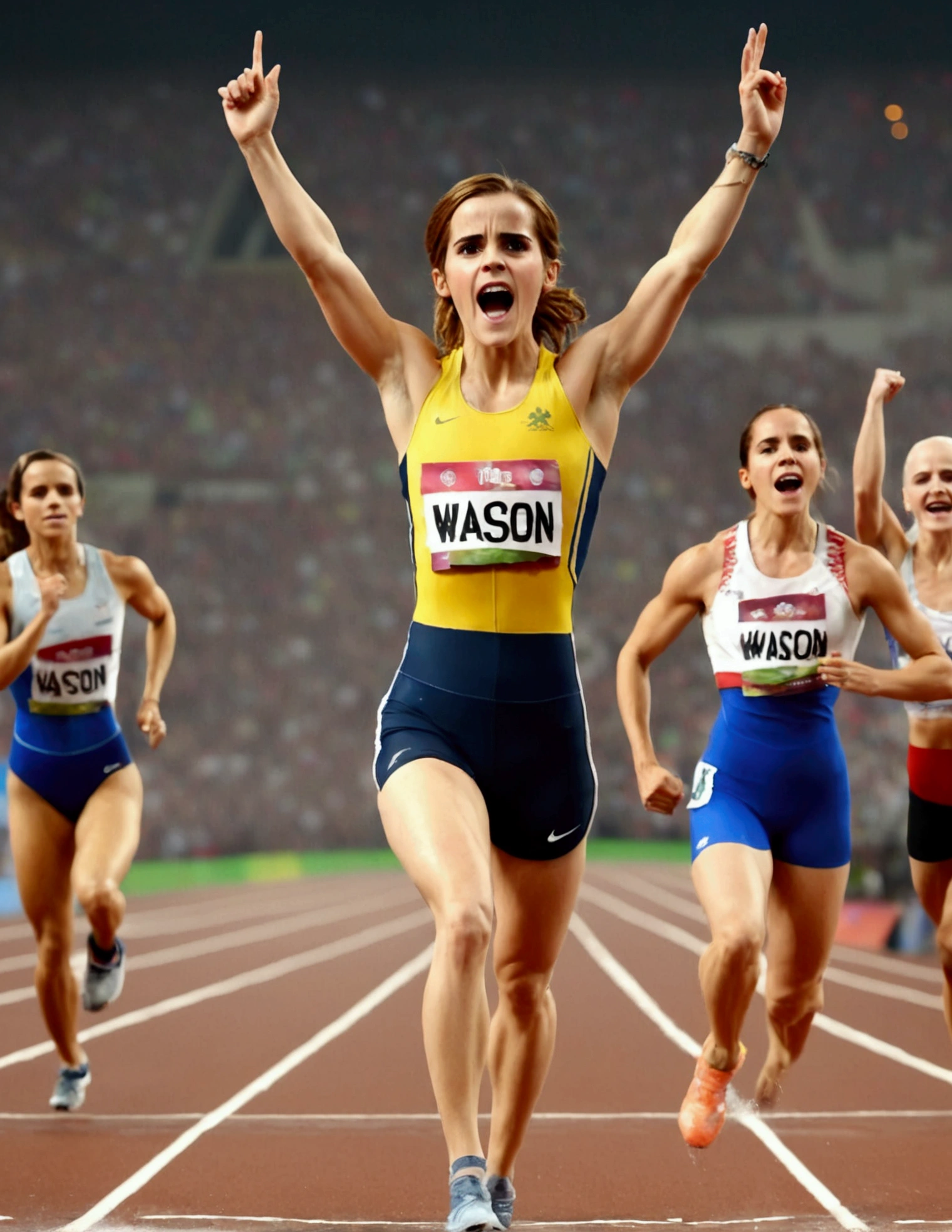 Olympic Sprinter (Emma Watson, age 25) sweaty and exhausted, arms raised as she crosses the finish line, award winning moment
