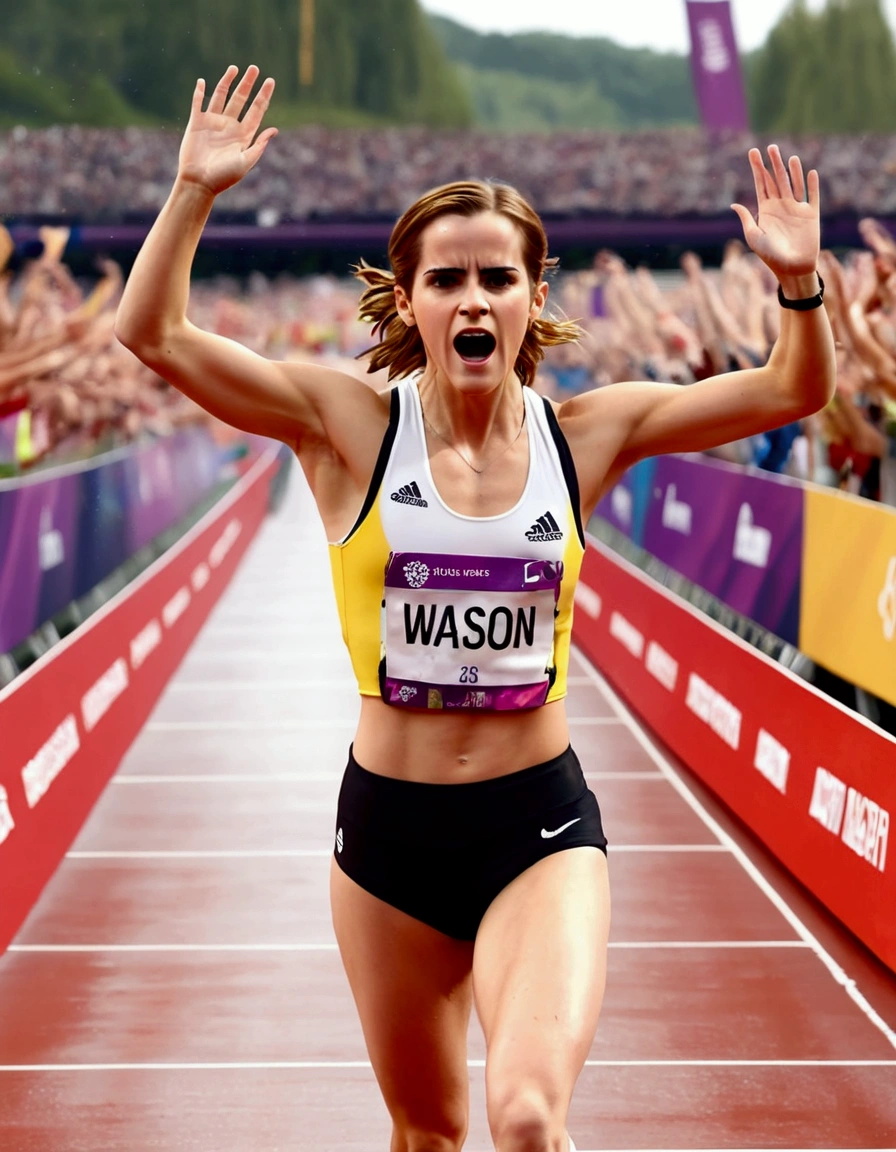 Olympic Sprinter (Emma Watson, age 25) sweaty and exhausted, arms raised as she crosses the finish line, award winning moment