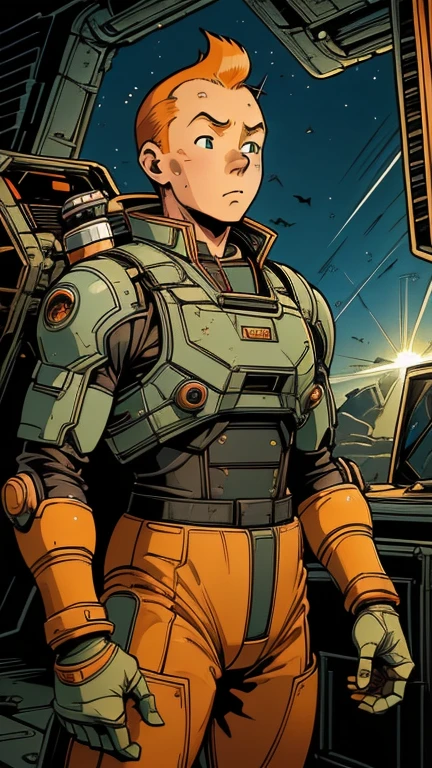 (Teens:1man: Tintin), (extremely detailed CG unit 8k wallpaper),(master part), (best quality), (ultra detali), (best illustration),(ROBOTANIMESTYLE), cowboy shot, (Sharp eyeliner, ombre, detailed eyes:1),Dark midnight derelict spaceship interiors background, ,break , (wearing RRS), upper body, short hair, orange hair