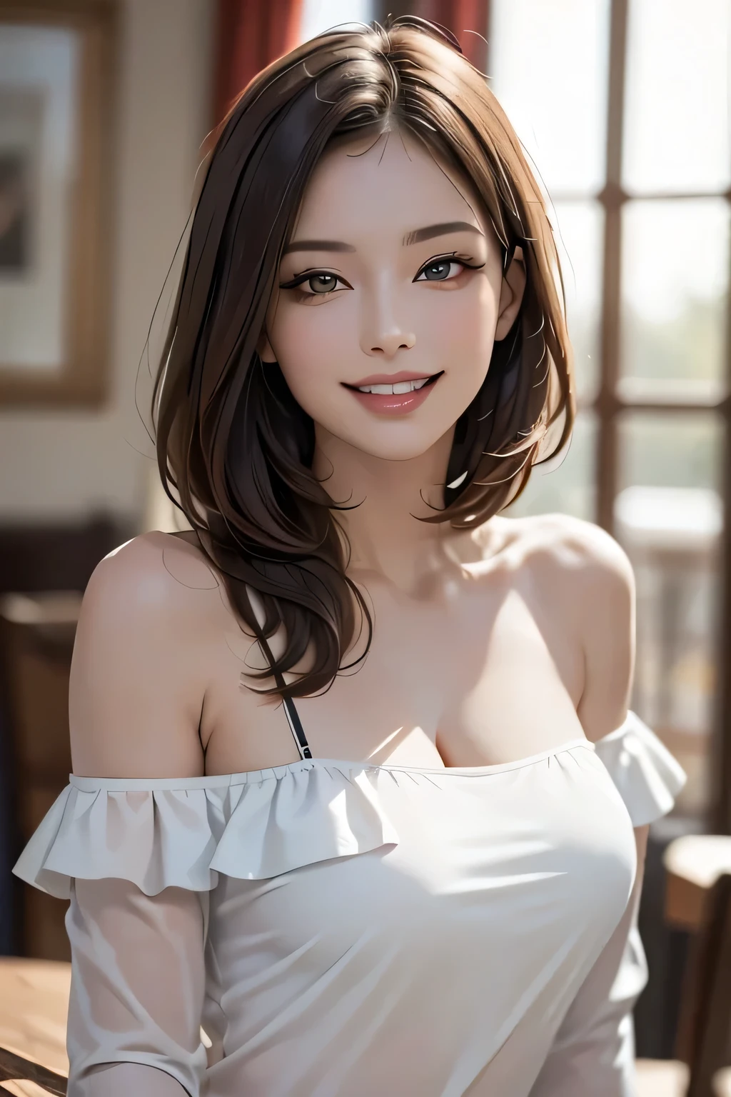 ((Realistic Light, Highest quality, 8k, Tabletop: 1.3)), 1 girl, Slim body beauty: 1.4, Brown Hair, (((Extra Large: 1.3)), Off-the-shoulder cut top: 1.3, Highly detailed face, Beautiful Eyes, double eyelid, My Room, smile, Cleavage, Saggy breasts, (((beauty of Saggy breasts))